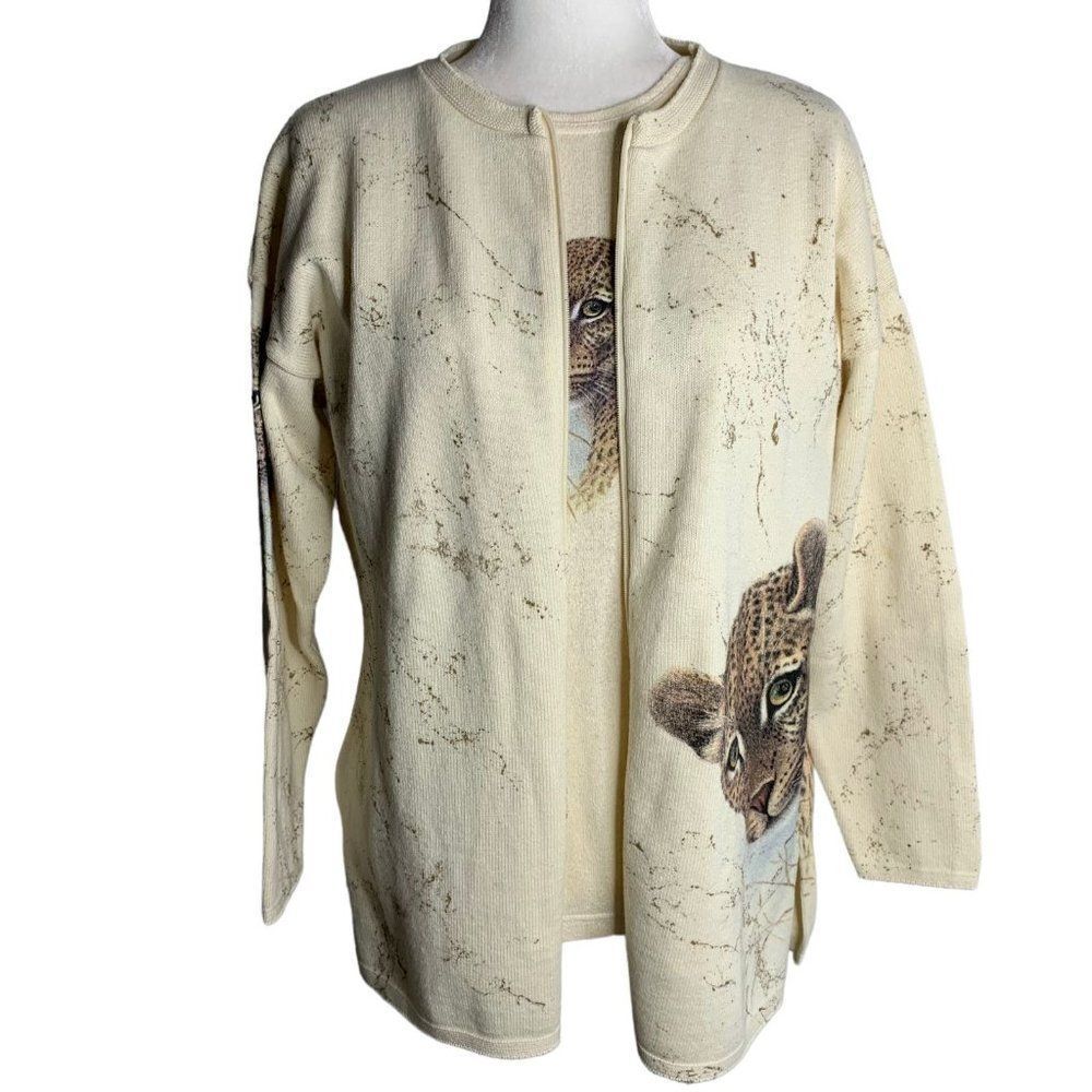 Vintage Leopard Cardigan Silk Top Set M Cream Knit Rhinestone Eyes
